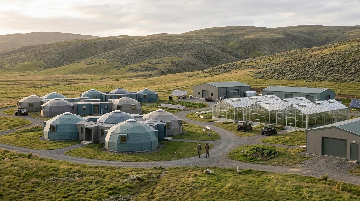 A geodesic-dome colony settlement with greenhouses, set among green hills.