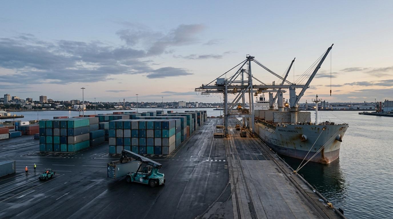 Cargo containers stacked at an inter-system freight yard.