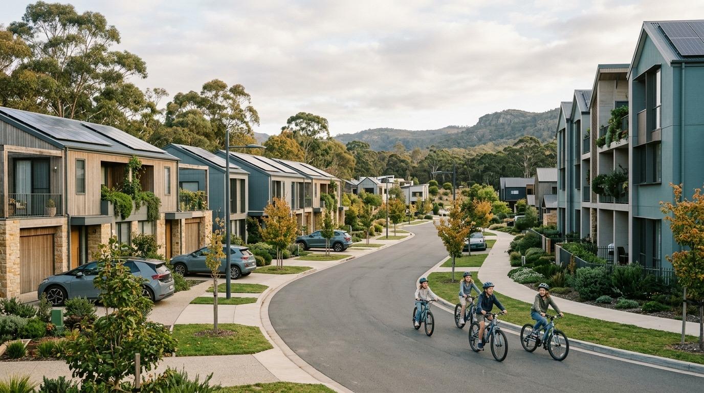 A new housing estate with rows of low-rise dwellings.