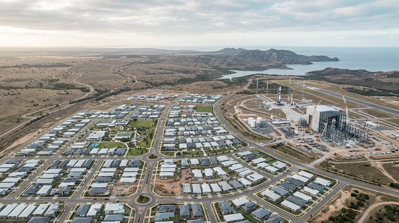 An aerial view of a housing estate beside a rocket launch pad, with the coast beyond.